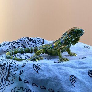 Green Iguana Enamel Trinket Box by Keren Kopal Jeweled Decorative Figurine